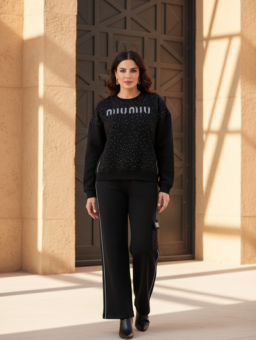 Women’s Elegant Black Rhinestone Tracksuit
