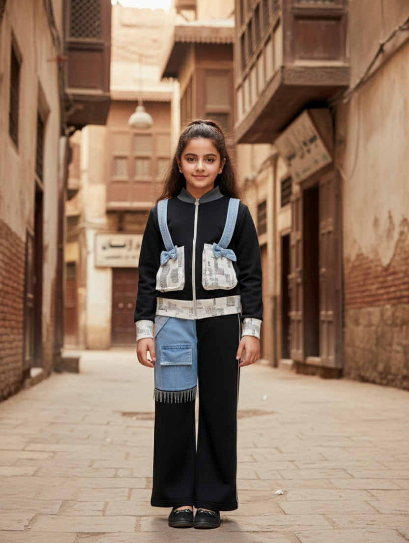 Girls’ Stylish Black Tracksuit with Denim Pocket Details