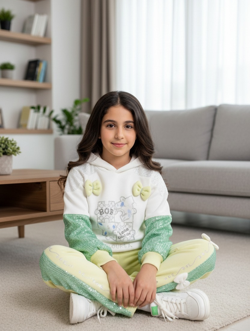 Girls’ Pastel Green & White Bow-Detail Tracksuit