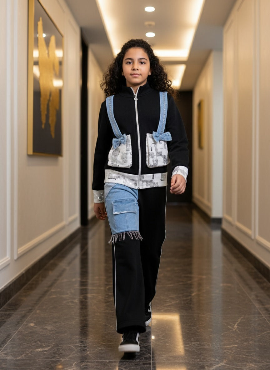 Girls’ Stylish Black Tracksuit with Denim Pocket Details