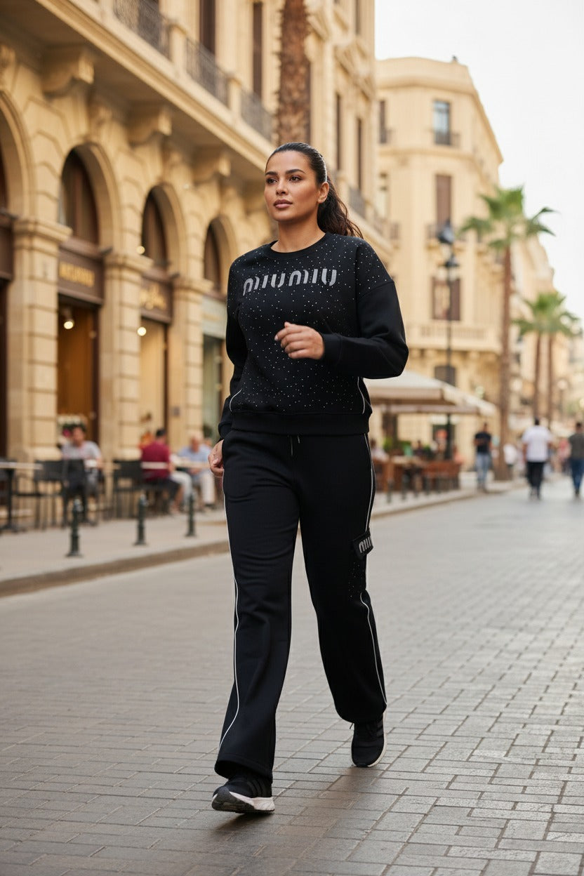 Women’s Elegant Black Rhinestone Tracksuit